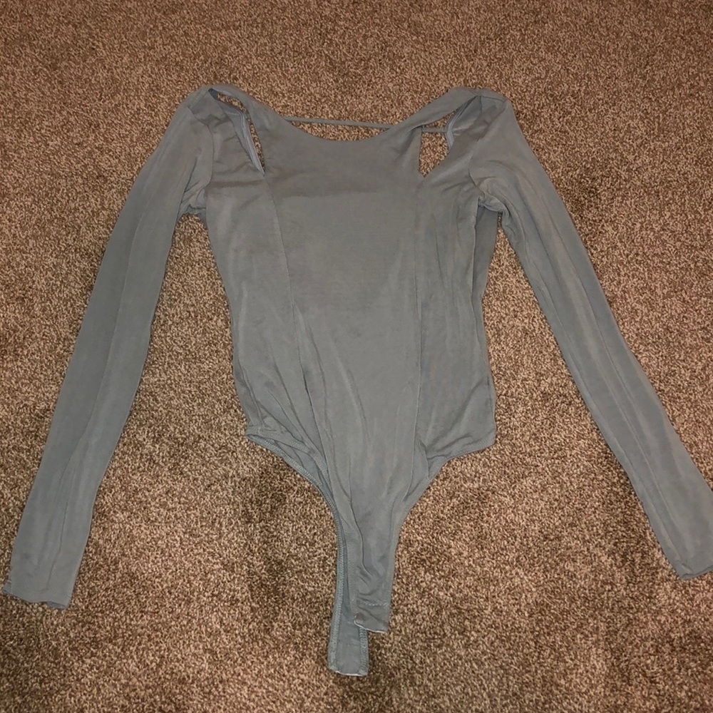 Dusty blue bodysuit with open back